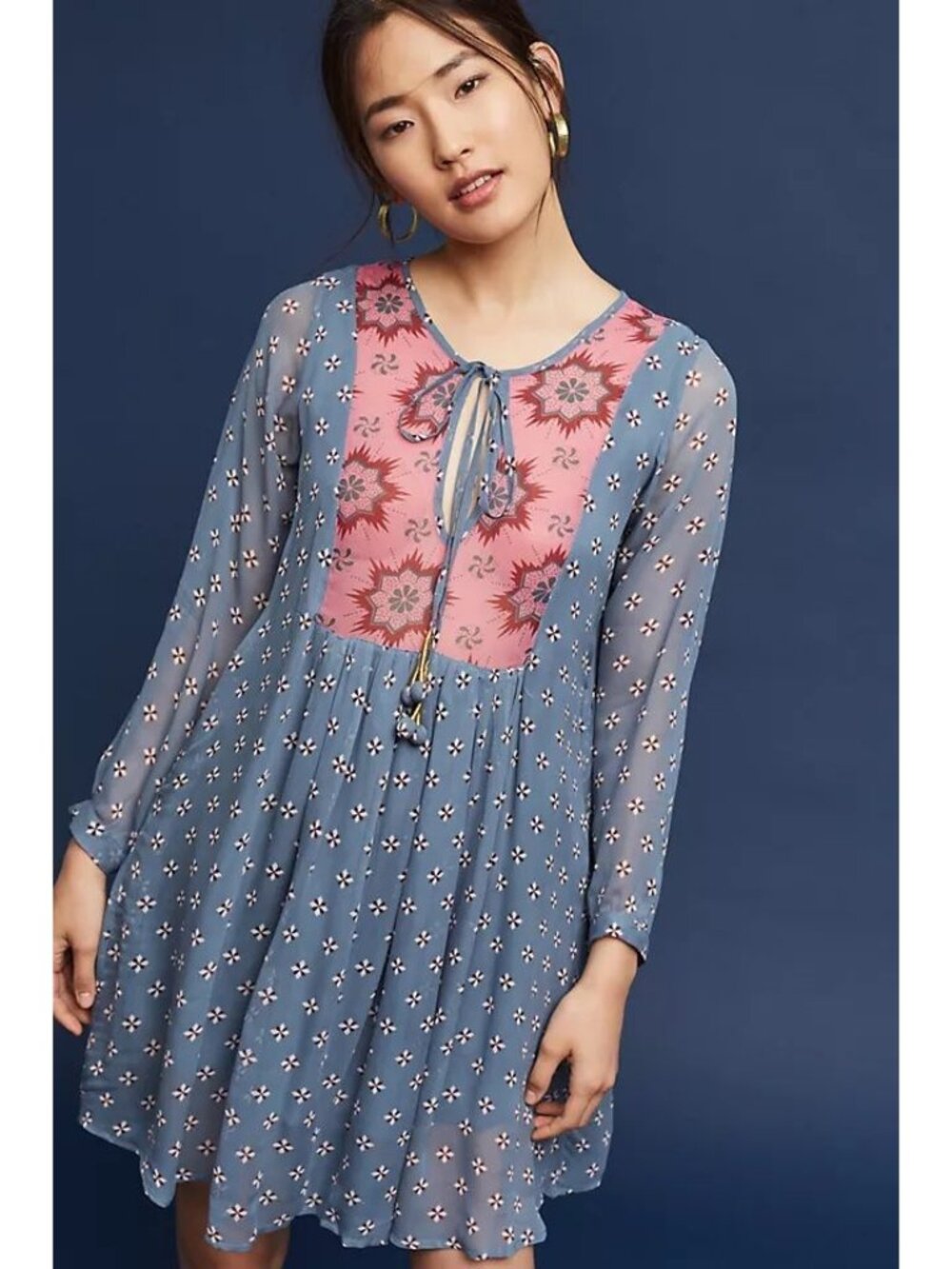 Anthropologie Kopal Rutika Peasant Dress in Blue Motif Long Sleeve size Small